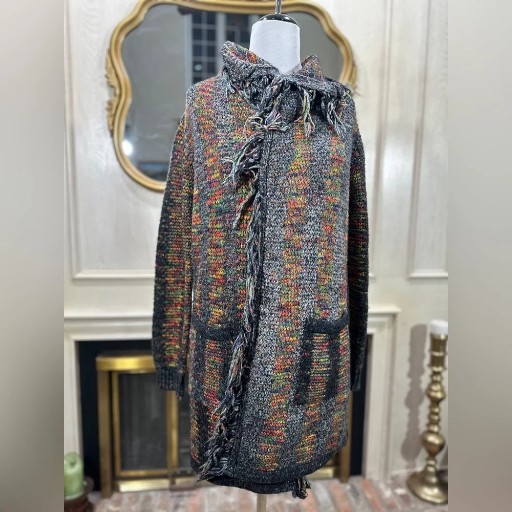 Esqualo Multicolor Knit Fringe Open Front Cardigan Sweater‎ Pockets M - Picture 3 of 12